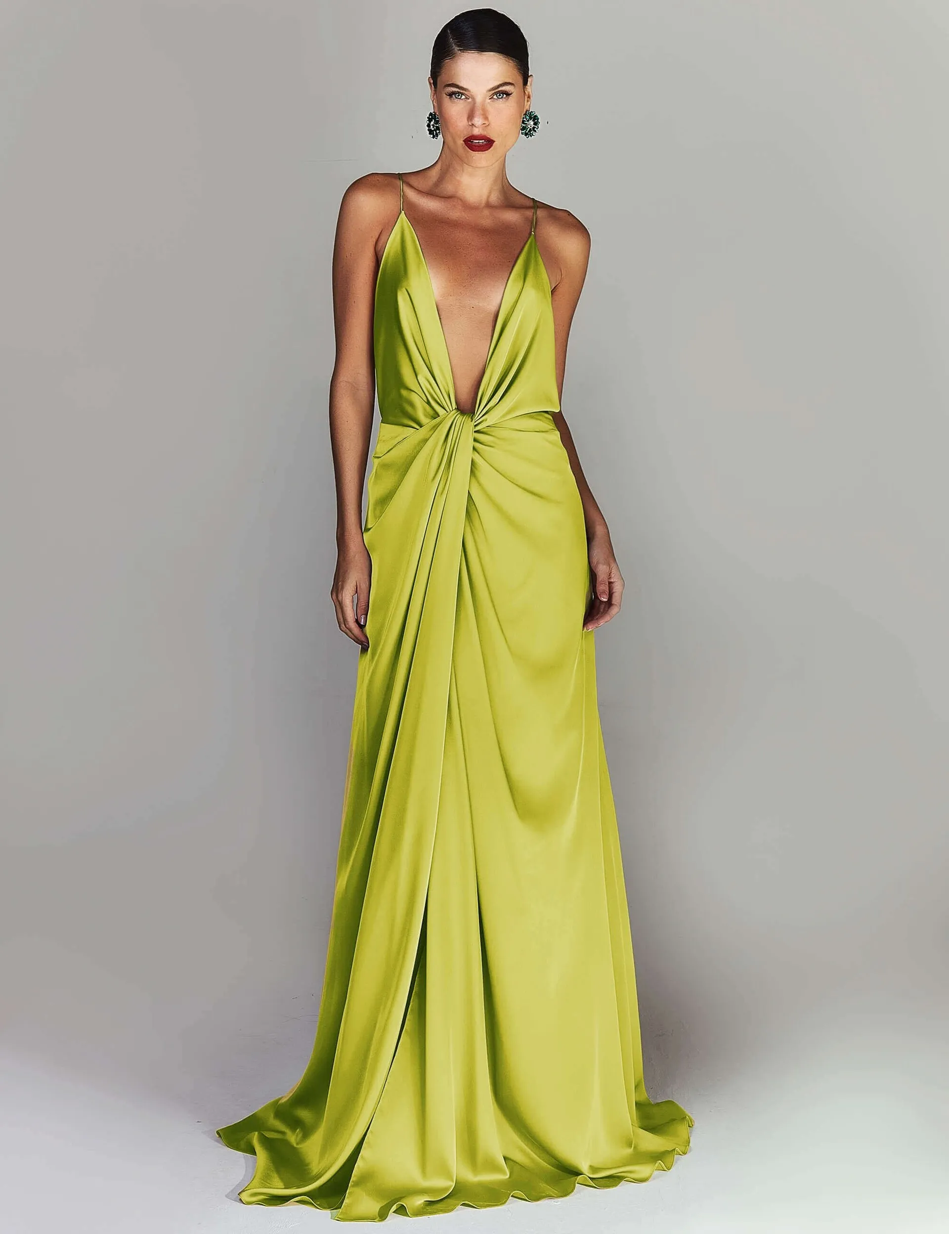 LONG SATIN PARTY DRESS WITH NECKLINE