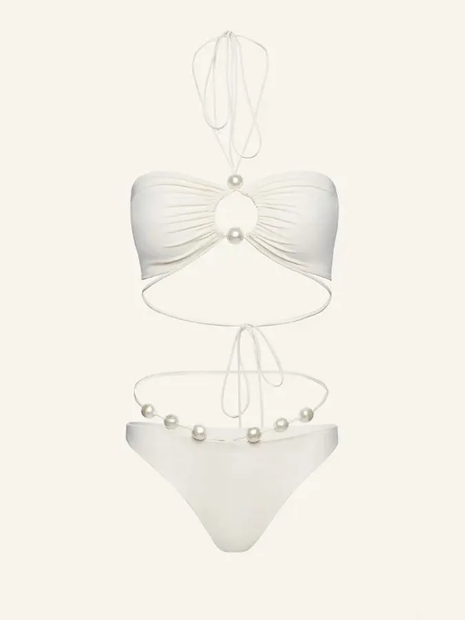 Halterneck Pearl Bandeau High Waist Bikini Swimsuit and Sarong