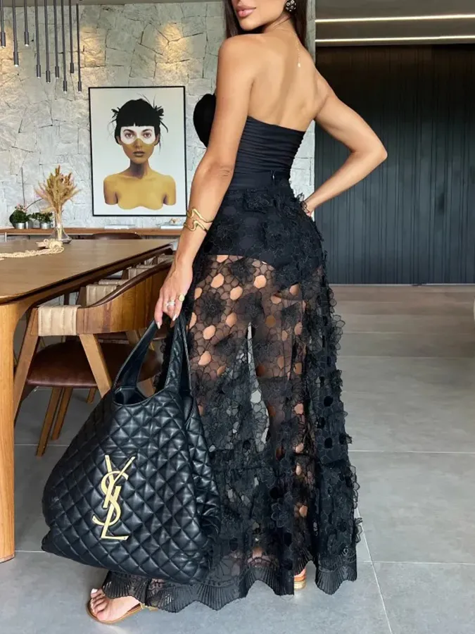 Black 3D Flower One Piece Swimsuit and Skirt