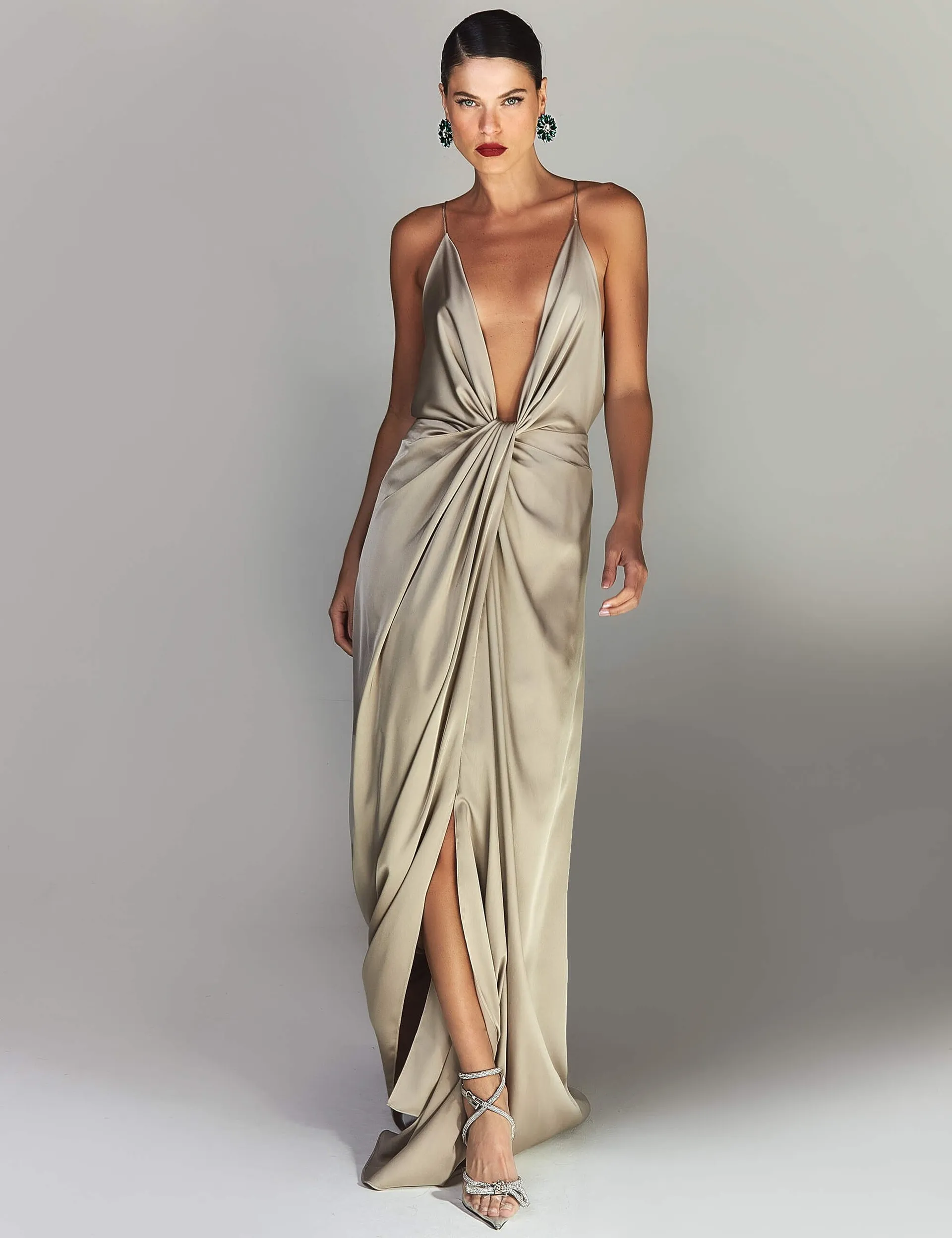 LONG SATIN PARTY DRESS WITH NECKLINE