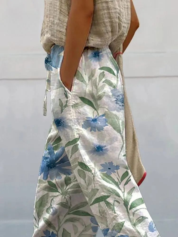 Watercolor Blue Floral Pattern Printed Women's 100% Cotton Casual Pants