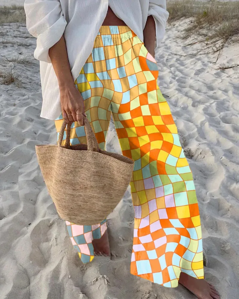 Colored Squares Printed Casual Pants
