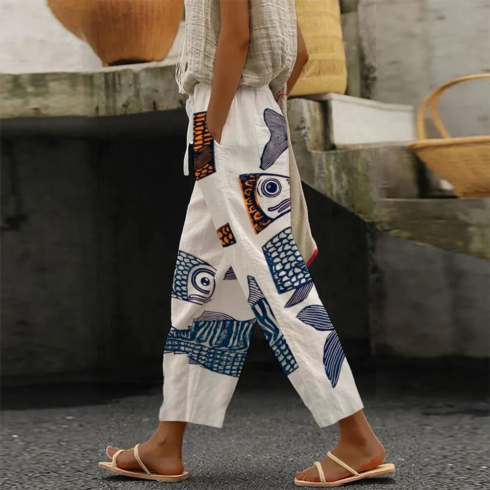 Women's Retro Fish Print Casual Cotton and Linen Pants