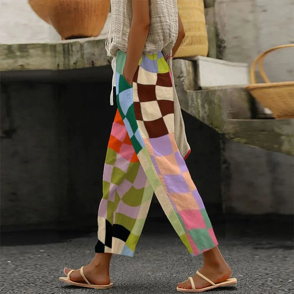 Women's Colorful Geometric Grid Print Trousers
