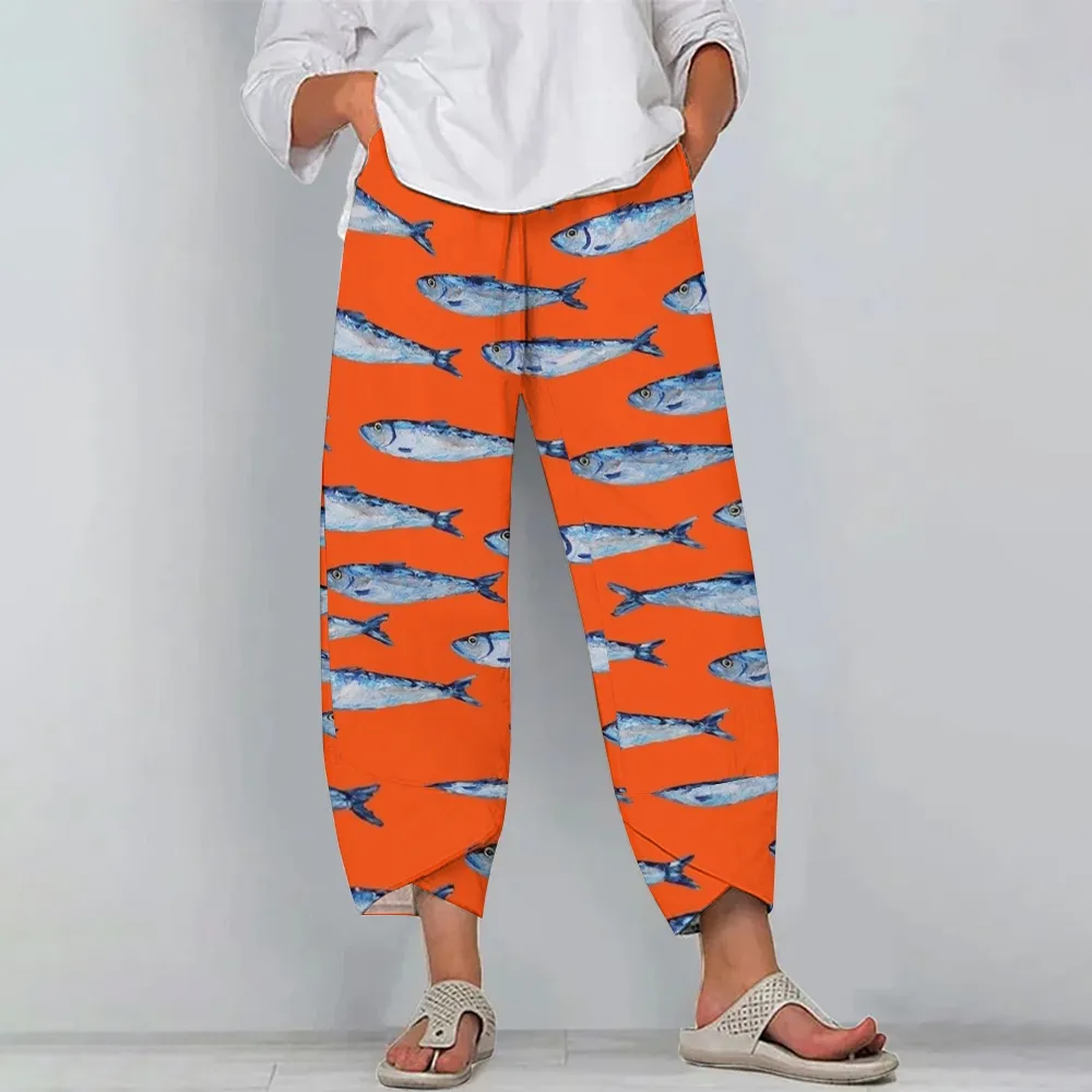 Women's Casual Sardines Printed Cotton And Linen Pants