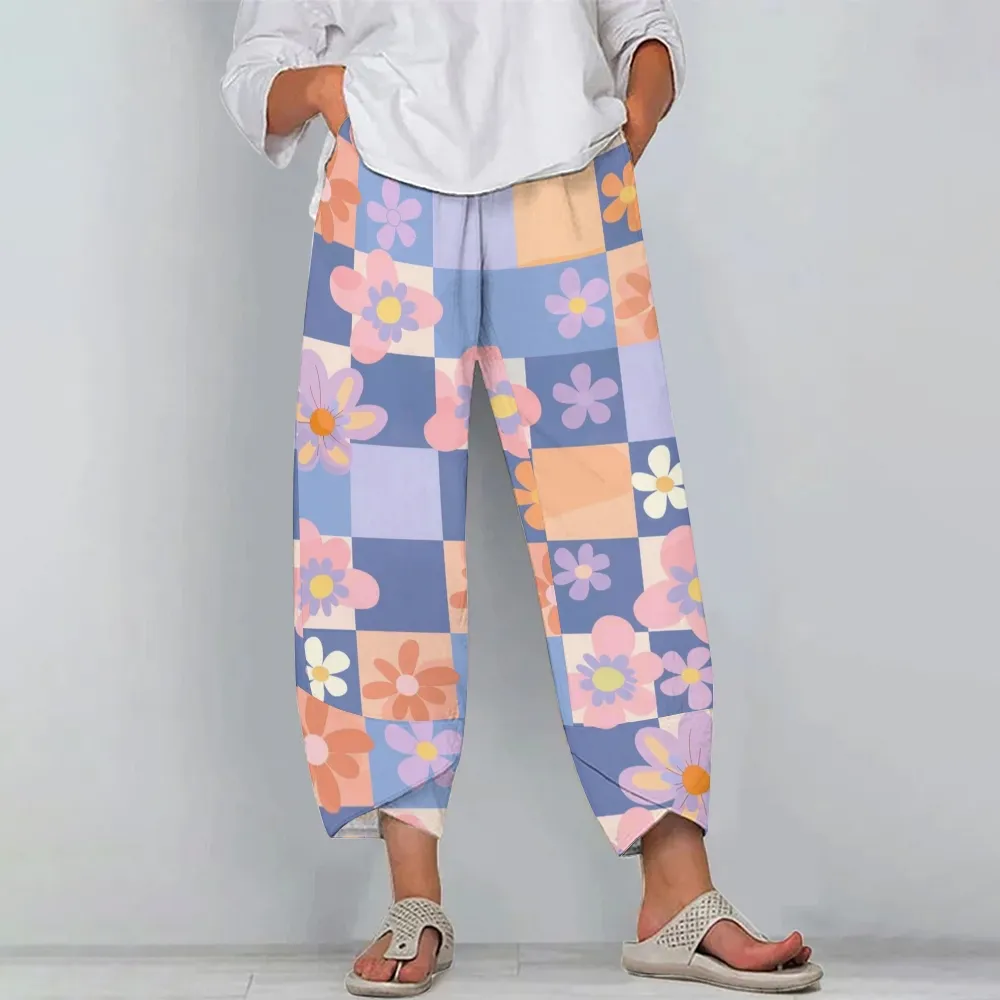 Women's Casual Flowers Printed Cotton And Linen Pants