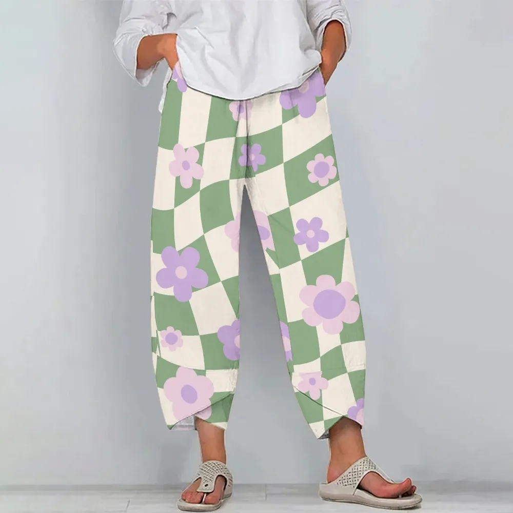 Women's Casual Flowers Printed Cotton And Linen Pants