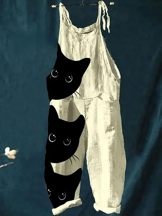 Women's Vintage Cat Art Print Casual Wide Leg Jumpsuit