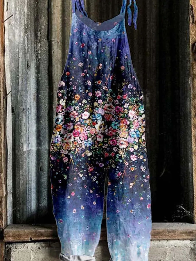 Women's Vintage Gradient Floral Print Casual Cotton and Linen Jumpsuit
