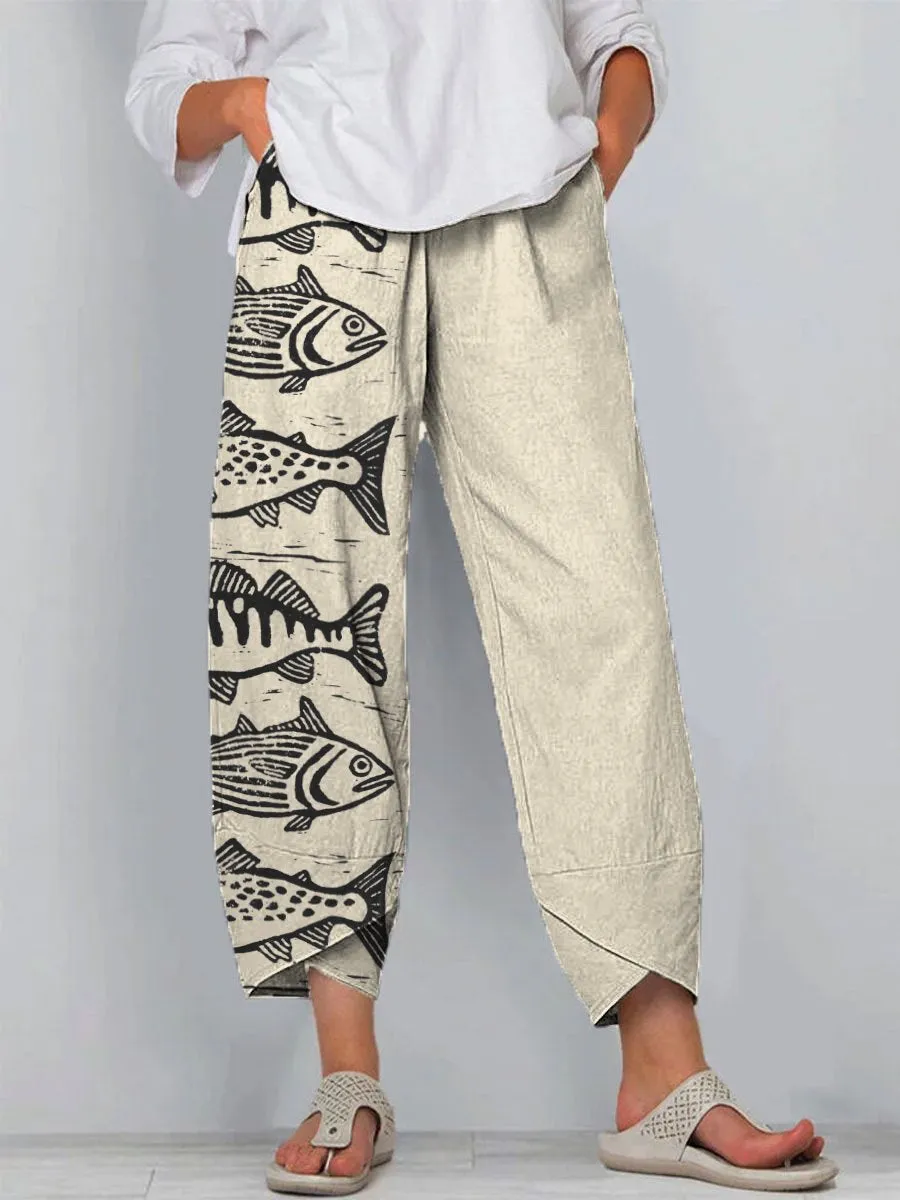 Sea Fish Art Printed Women's Cotton And Linen Casual Pants