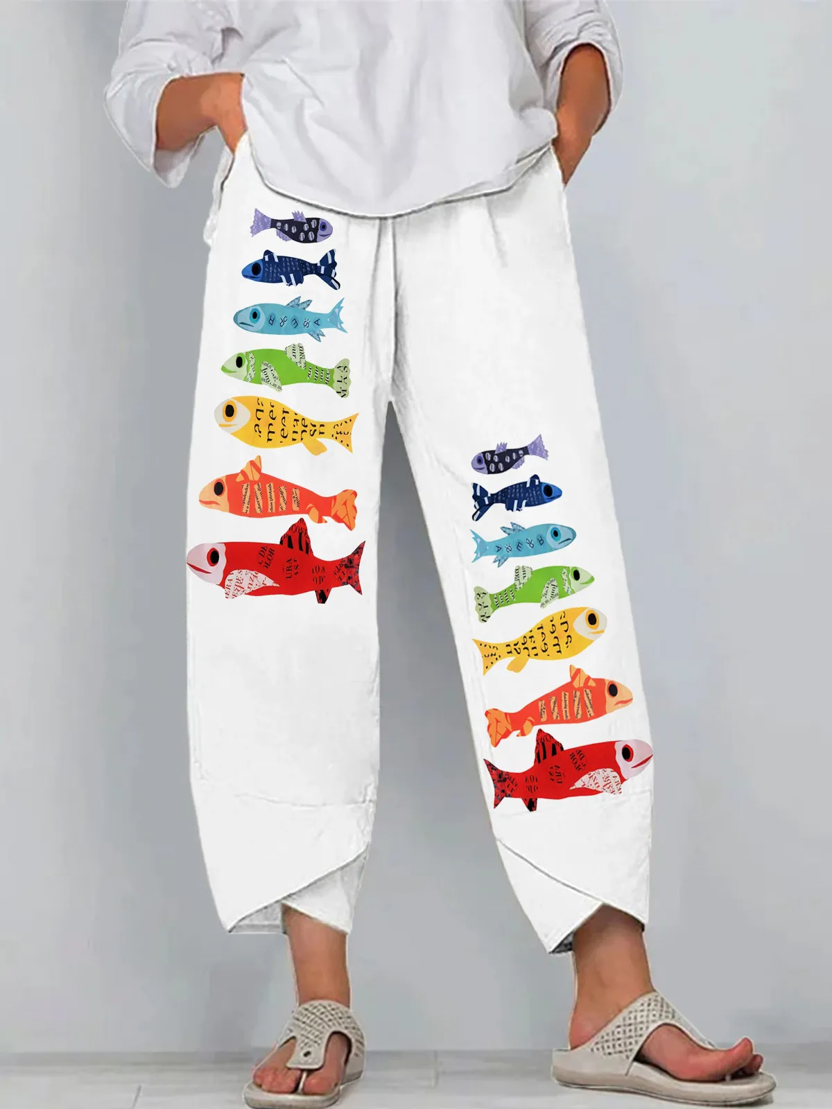 Colorful Rainbow Fish Print Cropped Casual Pants
