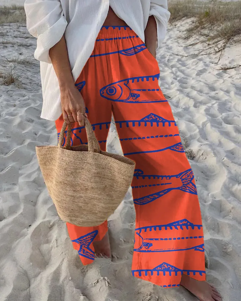 Vintage sardine print casual pants