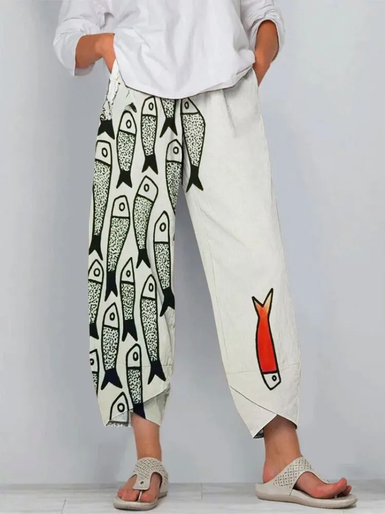 Fun Fish Art Cropped Casual Pants