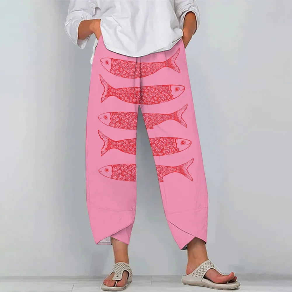 Women's Casual Vintage Fish Printed Cotton And Linen Pants