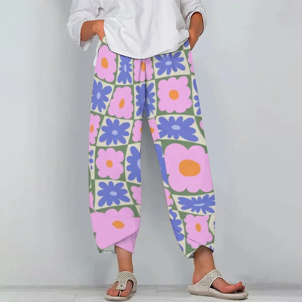 Women's Casual Flower Printed Cotton And Linen Pants