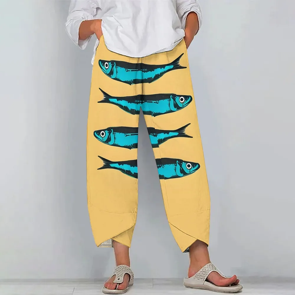 Women's Casual Sardine Printed Cotton And Linen Pants