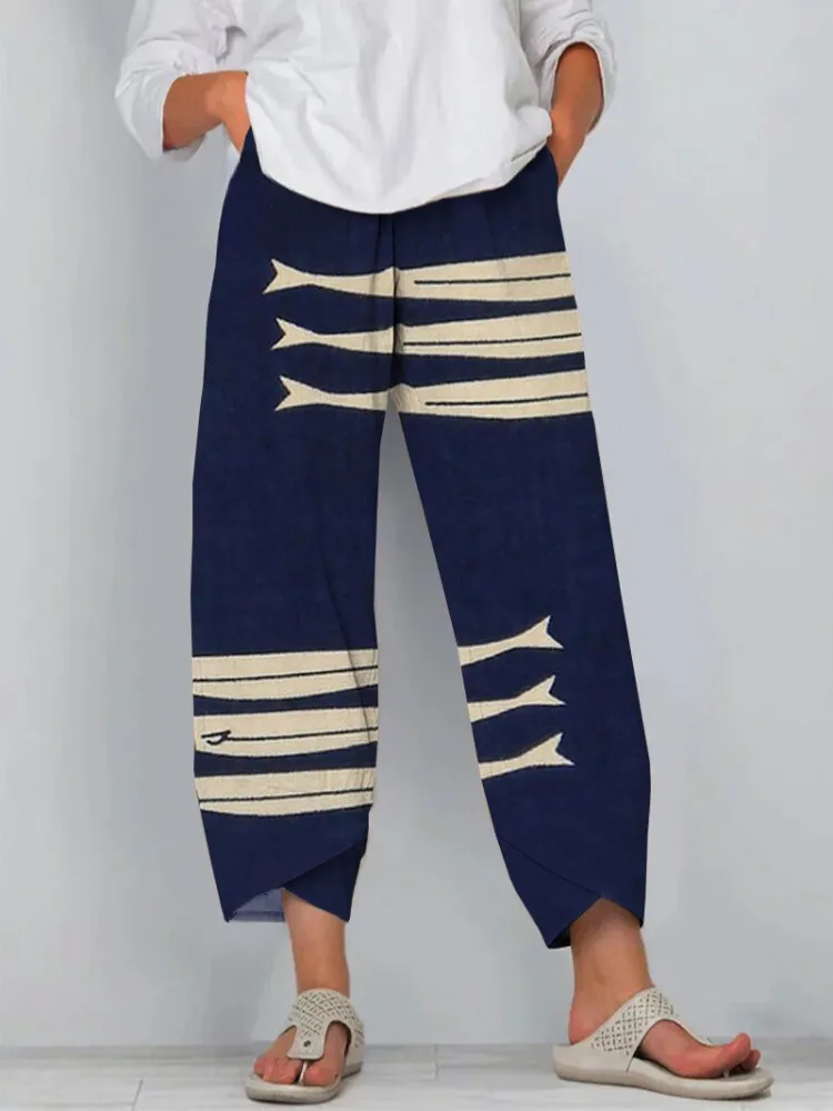 Retro Art Fish Cropped Casual Pants