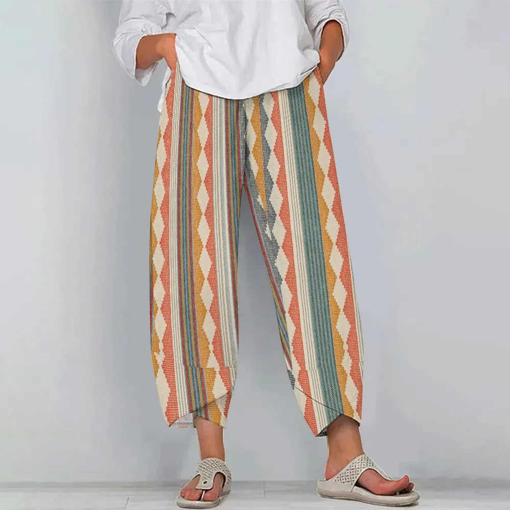 Women's Casual Vintage Colorblock Striped Printed Cotton And Linen Pants