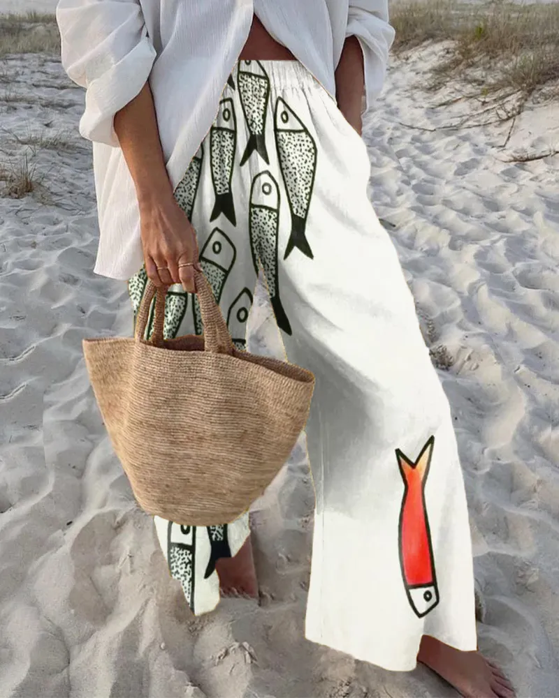 Vintage sardine print casual pants
