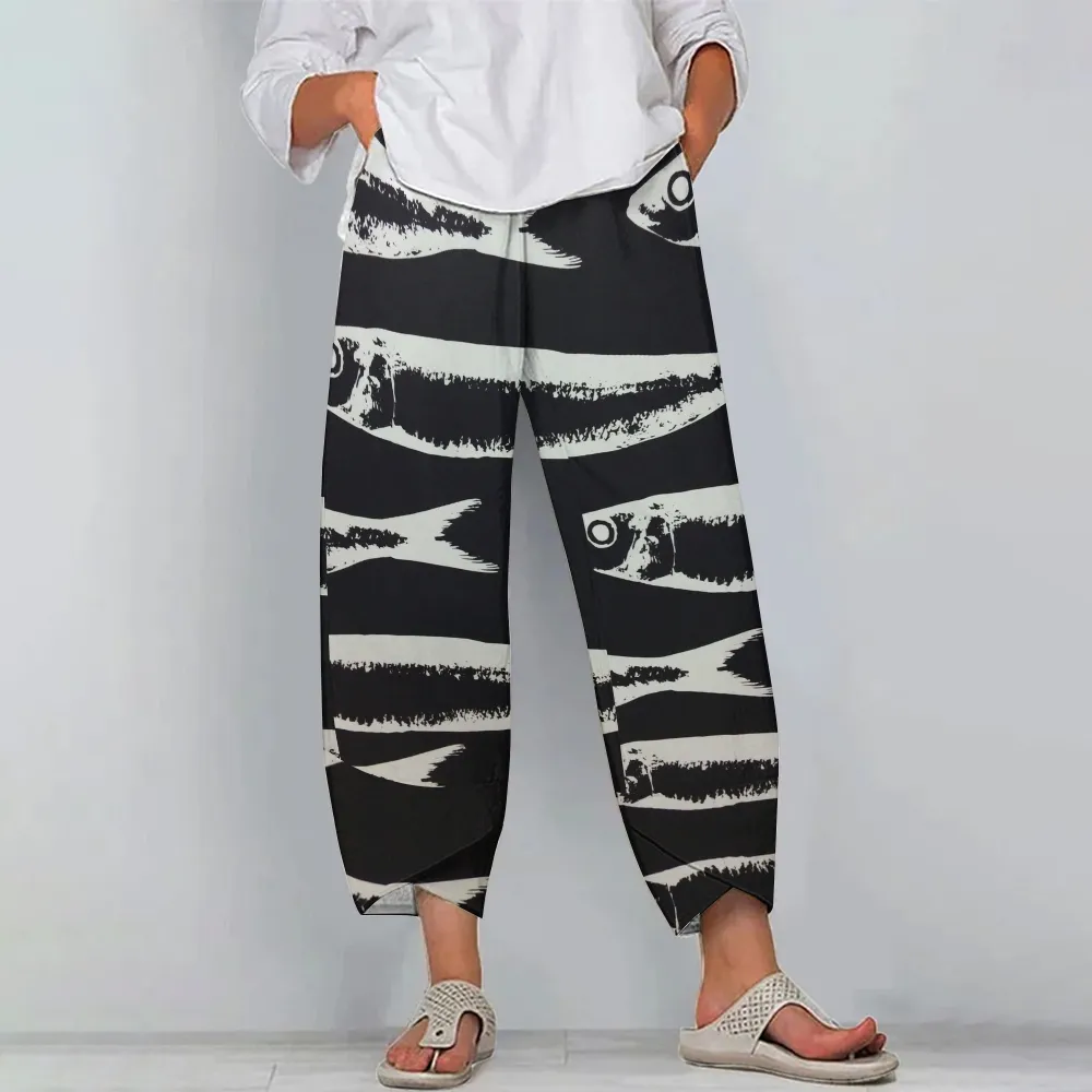 Women's Casual Sardine Printed Cotton And Linen Pants