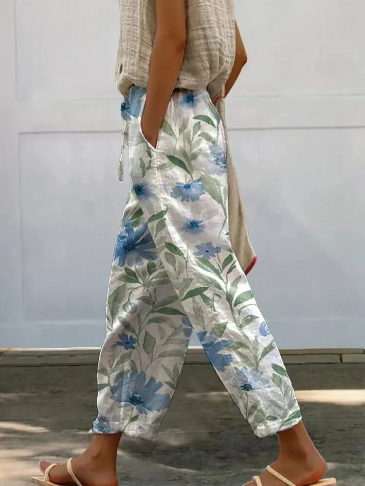 Watercolor Blue Floral Pattern Printed Women's 100% Cotton Casual Pants