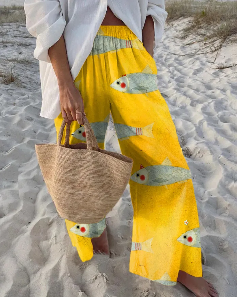 Vintage fish print casual pants
