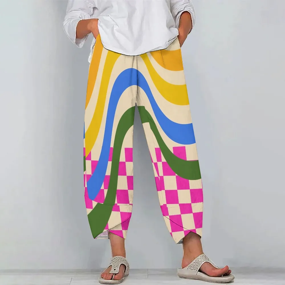 Women's Casual Color Line And Square Printed Pants