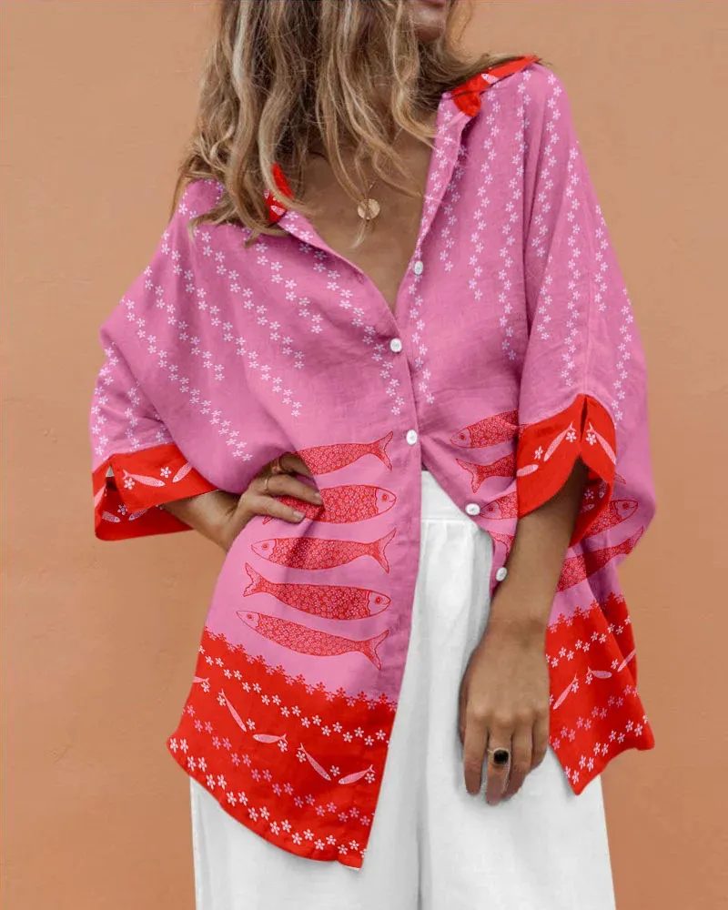 Retro vacation pink fish print shirt and trousers